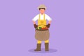 Character flat drawing male farmer carrying basket full of bananas, apples, watermelons. Picking fresh fruit from harvest. Success Royalty Free Stock Photo