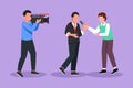 Character flat drawing of male journalists take interview with businessman. TV host or reporter and cameraman questioning man. Royalty Free Stock Photo