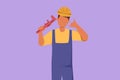 Character flat drawing male plumber holding monkey wrench and wear helmet with call me gesture, ready to work on repairing leaking Royalty Free Stock Photo