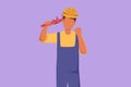 Character flat drawing male plumber holding monkey wrench and wear helmet with celebrate gesture, ready to work on repairing Royalty Free Stock Photo