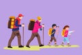 Character flat drawing man, woman, kid, children, family hikers traveling trekking with backpacks in mountains forest. Trip and Royalty Free Stock Photo