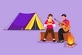 Character flat drawing of man woman sing song at campsite. Girl drinking tea and guy playing guitar, sitting on log near campfire