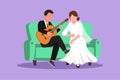 Character flat drawing married couple in love. Man with suit is playing guitar to his wife in living room on sofa. Cute woman with