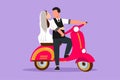 Character flat drawing married couple with scooter vintage, pre-wedding concept. Happy man and cute woman with motorcycle, amorous Royalty Free Stock Photo