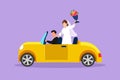 Character flat drawing newly married couple groom in vehicle waving bouquet of flowers. Happy man and woman riding wedding car. Royalty Free Stock Photo