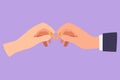 Character flat drawing pair of wedding ring held by groom and bride together. Bride and groom make vow of loyalty on their wedding
