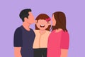 Character flat drawing of parents kissing their little girl on her cheeks. Adorable child with an innocent expression. National