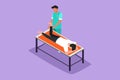 Character flat drawing physiotherapy rehabilitation assistance. Injury man patient lying on massage table therapist doing healing