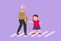 Character flat drawing polite cute little girl helping grandfather to cross street. Courteous kind kid taking old man across road