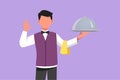 Character flat drawing polite male waiter holding tray of delicious meals with okay gesture serving customers in restaurant.