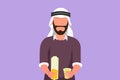 Character flat drawing portrait of Arab man holding bottle of orange juice in one hand and glass in other hand while having Royalty Free Stock Photo