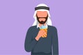 Character flat drawing portrait of Arab man holding plastic cup and drink orange juice in hot summers. Busy time at office hour.