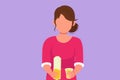 Character flat drawing portrait of woman holding bottle of orange juice in one hand and glass in other hand while having breakfast Royalty Free Stock Photo