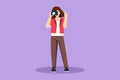 Character flat drawing pretty woman photographer using professional camera, pointing up her finger. Female standing and giving Royalty Free Stock Photo