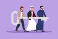Character flat drawing problem solving team of business man with key solution concept. Arab businessmen carry big golden key. Royalty Free Stock Photo