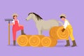 Character flat drawing rancher working in farmyard. Couple farmers feeding horse with hay. Livestock technician working with