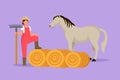 Character flat drawing rancher working in farmyard. Female farmer feeding horse with hay. Livestock technician working with