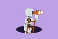 Character flat drawing robot climbs out of hole by ladder and using binocular. Tech business vision or idea. Humanoid robot