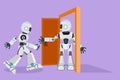 Character flat drawing robot at the door welcomes his friend in, inviting his friend to get into his factory. Hospitality or