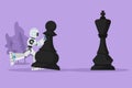 Character flat drawing robot push huge pawn chess piece, beat king. Strategic move in win game play. Humanoid robot cybernetic