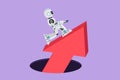 Character flat drawing of robot standing on big arrow coming out of hole. Tech financial graph rising. Business growth. Humanoid