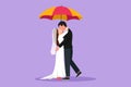 Character flat drawing romantic couple in love under rain with umbrella. Man and beautiful woman hugging and kissing with wedding