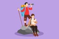 Character flat drawing romantic couple man and woman hikers with backpacks, binocular, and hiking gear reading route map. Looking