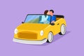 Character flat drawing of romantic couple riding car going on road trip. Man driving cabriolet car while woman hugging kissing her Royalty Free Stock Photo