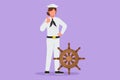 Character flat drawing of sailor woman standing with thumbs up gesture to be part of cruise ship, carrying passengers traveling