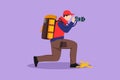 Character flat drawing side view of young man photographer with backpack, standing on one knee, holding photo camera. Tourist Royalty Free Stock Photo