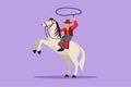 Character flat drawing stylized cowboy throwing lasso riding rearing up horse. American cowboy riding horse and throwing lasso.