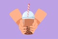 Character flat drawing stylized hands person holding drinking brown sugar flavor tapioca pearl bubble milk tea with glass straw in