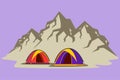 Character flat drawing stylized two tents in adventure camping night landscape. Tent camper tourist forest mountain expedition.