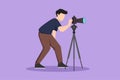Character flat drawing super equipment photographer. Young man holding and aiming camera with standing tripod for taking picture. Royalty Free Stock Photo