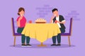 Character flat drawing tea time with cake. Happy young couple sitting and talking, drinks and eat. Apartment room, friend evening Royalty Free Stock Photo