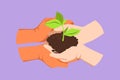 Character flat drawing top view of two hands holding together young of tree. Hand kids team work protecting and reduce global Royalty Free Stock Photo