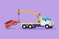 Character flat drawing tow truck is lifting the broken car to be lifted onto it using the crane. Damaged car in traffic accident. Royalty Free Stock Photo