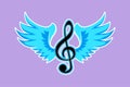 Character flat drawing of treble clefs with wings isolated on blue background. Winged feather violin clef or music symbol. Musical