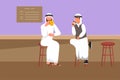 Character flat drawing of two Arabian businessman drinking coffee in cafetaria. Friends are sitting and talking at table in cozy