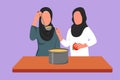 Character flat drawing two Arabian woman mixing tomato sauce, tasting, and relish meal with wooden spatula. Friends prepare dinner