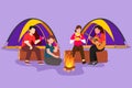 Character flat drawing two couple hikers sitting on log of wood near campfire in forest. People drinking hot tea and man playing