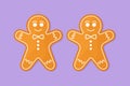 Character flat drawing two gingerbread man icing. Cookie in shape of man. Icon for winter holiday, cooking, new years eve. Snack