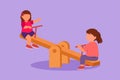 Character flat drawing two little girls swinging on seesaw at outdoor. Kids having fun at playground school. Cute children playing Royalty Free Stock Photo