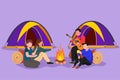 Character flat drawing two romantic couple camping around campfire tent. Group hikers warm their hands near bonfire sitting on