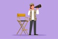 Character flat drawing woman film director stands and holding megaphone with celebrate gesture while prepare camera crew for