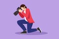 Character flat drawing woman photographer kneeling and taking pictures. Photo equipment for journalist. Camera digital with high