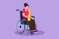 Character flat drawing woman sitting in wheelchair plays saxophone. Disability and classical music. Fracture in her leg. Person in