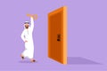 Character flat drawing young Arab businessman lifting key in front of door. Man holding key to open office room door. Starting Royalty Free Stock Photo