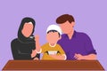 Character flat drawing young Arab family having breakfast together with cereal and glass of milk at home. Little boy feeds his Royalty Free Stock Photo