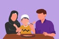 Character flat drawing young Arab family having lunch together in restaurant. Parent feed they son with love. Happy little family